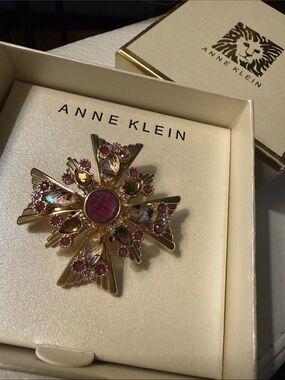 Anne Klein Gold-Tone Maltese Cross Inspired Brooch, Pink and Champagne Stones